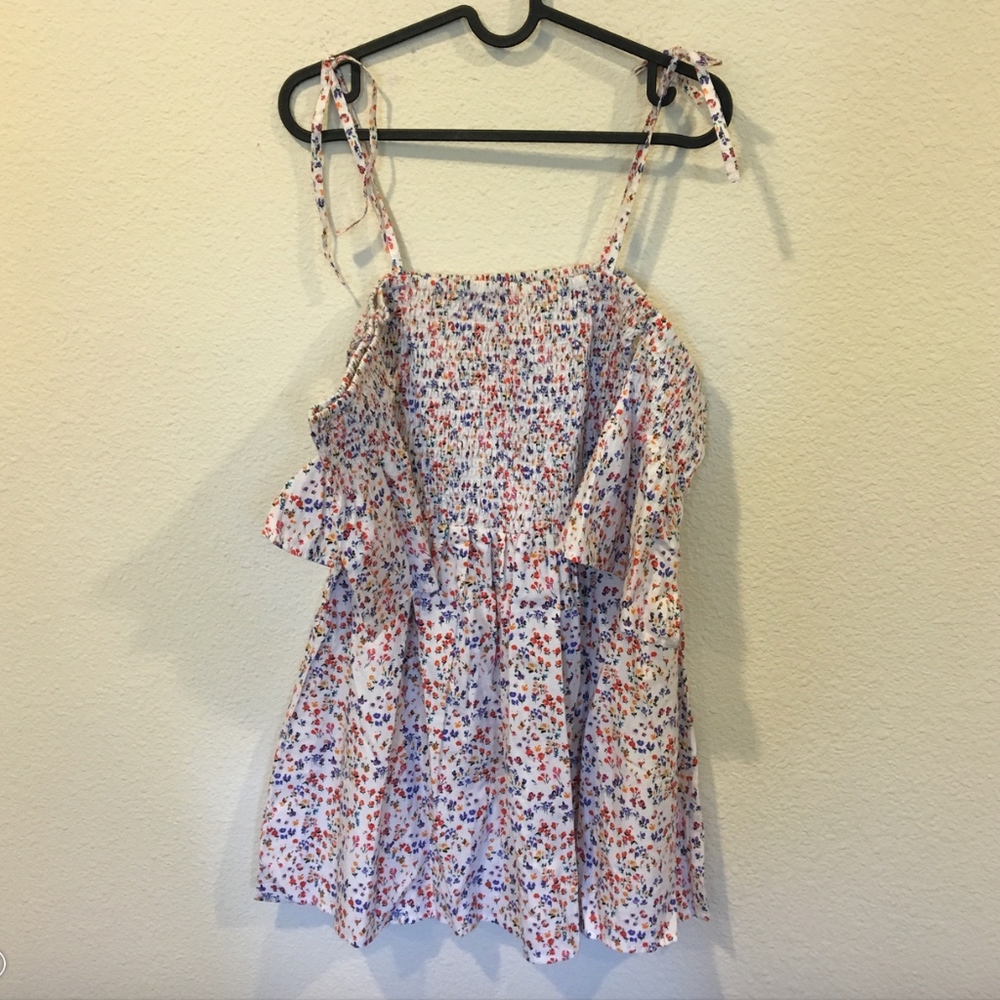 Floral open shoulder smock dress
